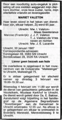 Overlijdensbericht Mariet Valeton (1987)